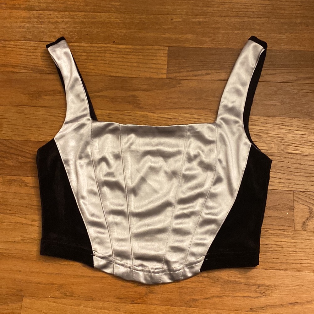 Satin Front Velvet Back Silver and Black Cropped Corset Style Top (NWOT)